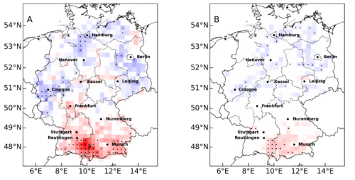 Abbildung 3: (A) Räumlich aufgelöste Entwicklung aller potentieller Hagelzugbahnen (dekadischer Trend pro 25 x 25 km²) und (B) aller Zugbahnen mit einer Mindestlänge von 50 km (2005  – 2024, Sommerhalbjahr). 