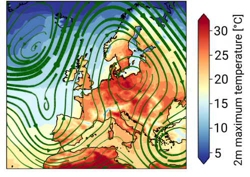 Near-surface daily maximum temperature (shading) during heatwave conditions on 2 June 1982