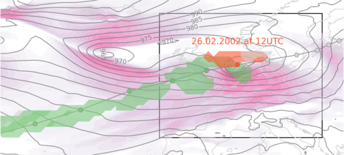Zugbahn von Sturm Anna (Linie mit grünen Punkten, 6h) mit Windgeschwindigkeit in der unteren Troposphäre (pink m s-2) und Bodendruck (Konturen) am Zeitpunkt der maximalen Intensität (26.2.2002, roter Punkt).  WCB (grüne, rote Fläche, siehe Text).